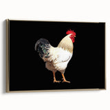 Framed wall art featuring a vibrant chicken design on canvas, with a gold frame, showcasing detailed colors and textures, perfect for home decor.