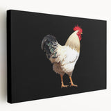 Colorful wall art featuring a vibrant chicken design on stretched canvas, showcasing detailed illustrations and a side view perspective, perfect for home decor.
