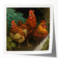 A vibrant wall art collection featuring various chicken designs in a glossy print, ideal for modern kitchens or dining spaces, showcasing colorful illustrations.