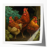 A vibrant wall art collection featuring various chicken designs in a glossy print, ideal for modern kitchens or dining spaces, showcasing colorful illustrations.