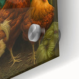 Close-up of a vibrant acrylic glass wall art piece featuring a detailed chicken design, showcasing rich colors and textures, perfect for home decor enthusiasts.