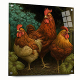 Acrylic wall art showcasing a vibrant chicken design, displayed in a modern side view with decorative pins, perfect for enhancing any home decor.