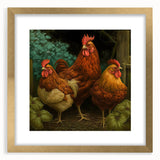 Framed wall art collection showcasing a vibrant chicken design in gold frame, perfect for adding a touch of elegance to any room decor. Unique matting enhances visual appeal.