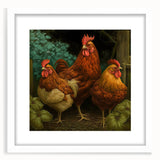 Framed wall art featuring a vibrant chicken design with a white mat, perfect for adding a playful touch to home decor. Ideal for poultry enthusiasts and farmhouse-themed interiors.