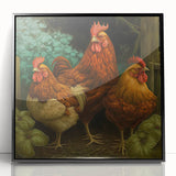 Framed acrylic wall art featuring a vibrant chicken design, showcased in a sleek black frame, perfect for enhancing home decor with a whimsical touch.