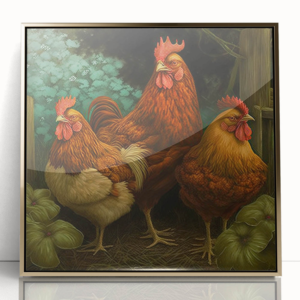 Framed acrylic wall art featuring a detailed chicken design in gold, set against a sleek background, ideal for animal lovers and home decor enthusiasts. Perfect for enhancing modern interiors.