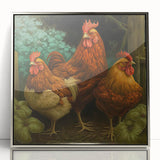 Framed wall art collection showcasing a vibrant chicken design with a silver-acrylic frame, ideal for adding a whimsical touch to home decor.