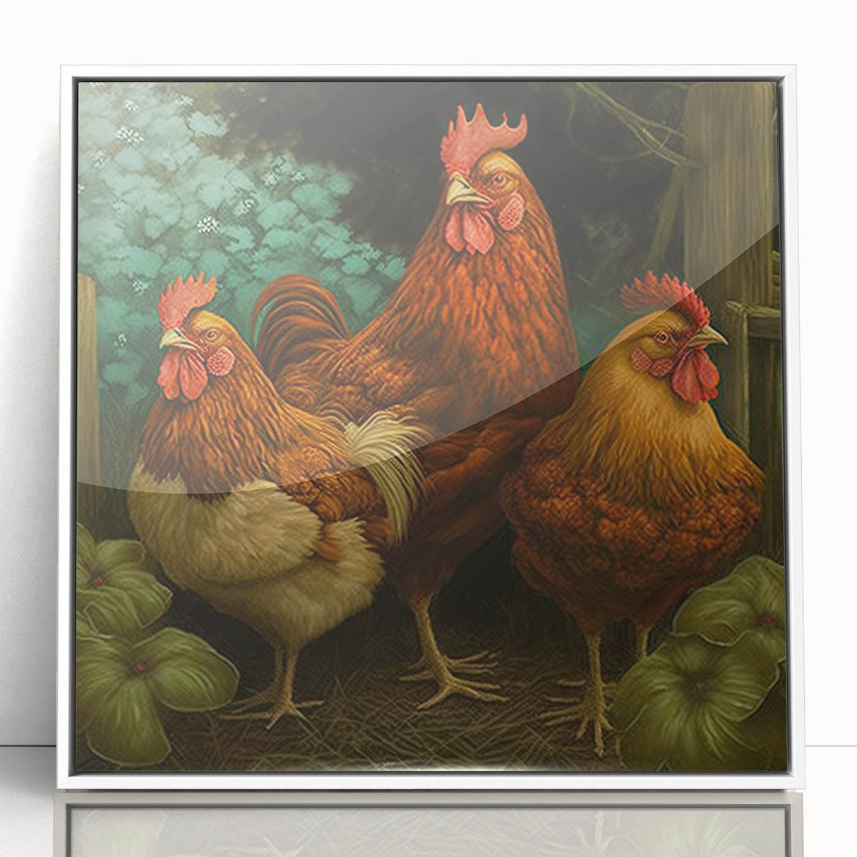 Framed wall art featuring a colorful chicken design in a playful style, set against a white background; perfect for adding a whimsical touch to home decor.