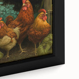Framed canvas wall art featuring a vibrant chicken design, showcasing intricate details and bold colors. Perfect for adding a playful touch to home decor.