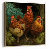 Framed canvas wall art featuring a whimsical chicken design in vibrant colors, showcased in a gold frame, adding a playful touch to home decor. Perfect for animal lovers and unique interior styling.