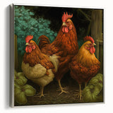 Framed wall art showcasing a chicken design in silver tones, featuring a textured canvas surface. The artwork is displayed in a sleek, modern frame, ideal for home décor.