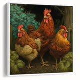 Framed wall art featuring a whimsical chicken design on a white background, showcasing vibrant colors and playful details, perfect for enhancing home decor.