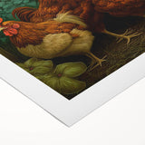 Rolled canvas wall art showcasing a vibrant chicken design with intricate details and colors, perfect for adding a playful touch to home decor.