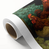 Vibrant rolled canvas wall art featuring a whimsical chicken design, showcasing bright colors and playful details, ideal for home decor or a kitchen space.