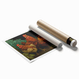 Colorful wall art print depicting a whimsical chicken design, showcasing vibrant hues and intricate details, ideal for adding a playful touch to home decor.