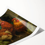 Colorful wall art print featuring a whimsical chicken design, showcasing vibrant hues of yellow, red, and blue. Ideal for adding a playful touch to home decor, this rolled print is perfect for animal lovers and art enthusiasts.