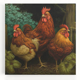 Colorful wall art featuring a whimsical chicken design on stretched canvas, showcasing vibrant hues and playful details, ideal for enhancing any home decor. Perfect for animal lovers and art enthusiasts seeking unique decor pieces.