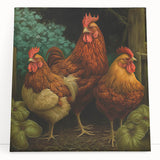 Colorful wall art featuring whimsical chicken designs on a stretched canvas, perfect for adding a playful touch to home decor. Ideal for animal lovers and unique interior styles.