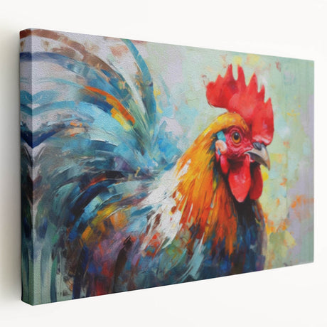 Colorful stretched canvas wall art featuring a whimsical chicken design, showcasing vibrant hues and intricate details, ideal for kitchen or farmhouse decor.