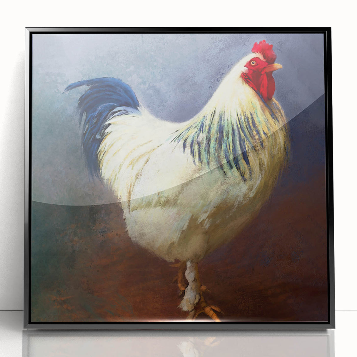 Framed wall art showcasing a unique chicken design, featuring vibrant colors and intricate details on black acrylic, perfect for modern home decor.