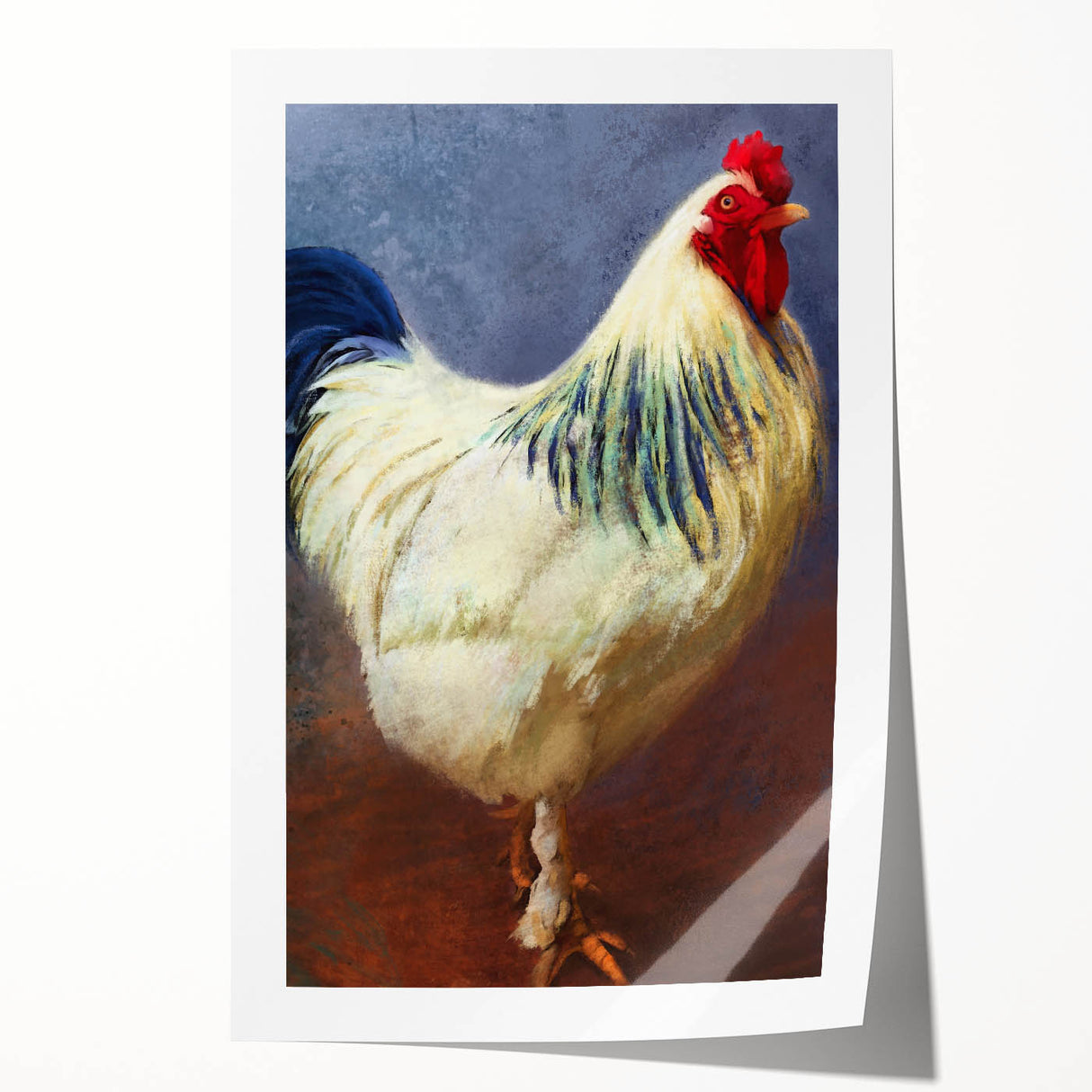 Colorful wall art print featuring a whimsical chicken design, showcasing vibrant hues against a textured background, ideal for home decor or kitchen aesthetics.