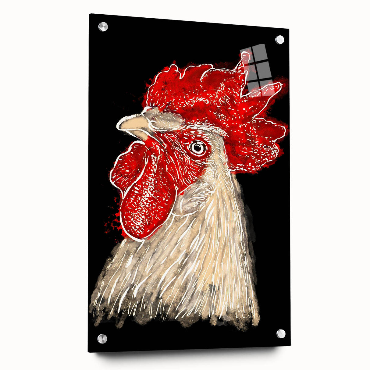 Acrylic wall art featuring a vibrant chicken design, viewed from the side with decorative pins, showcasing bright colors and intricate details perfect for a modern home decor.