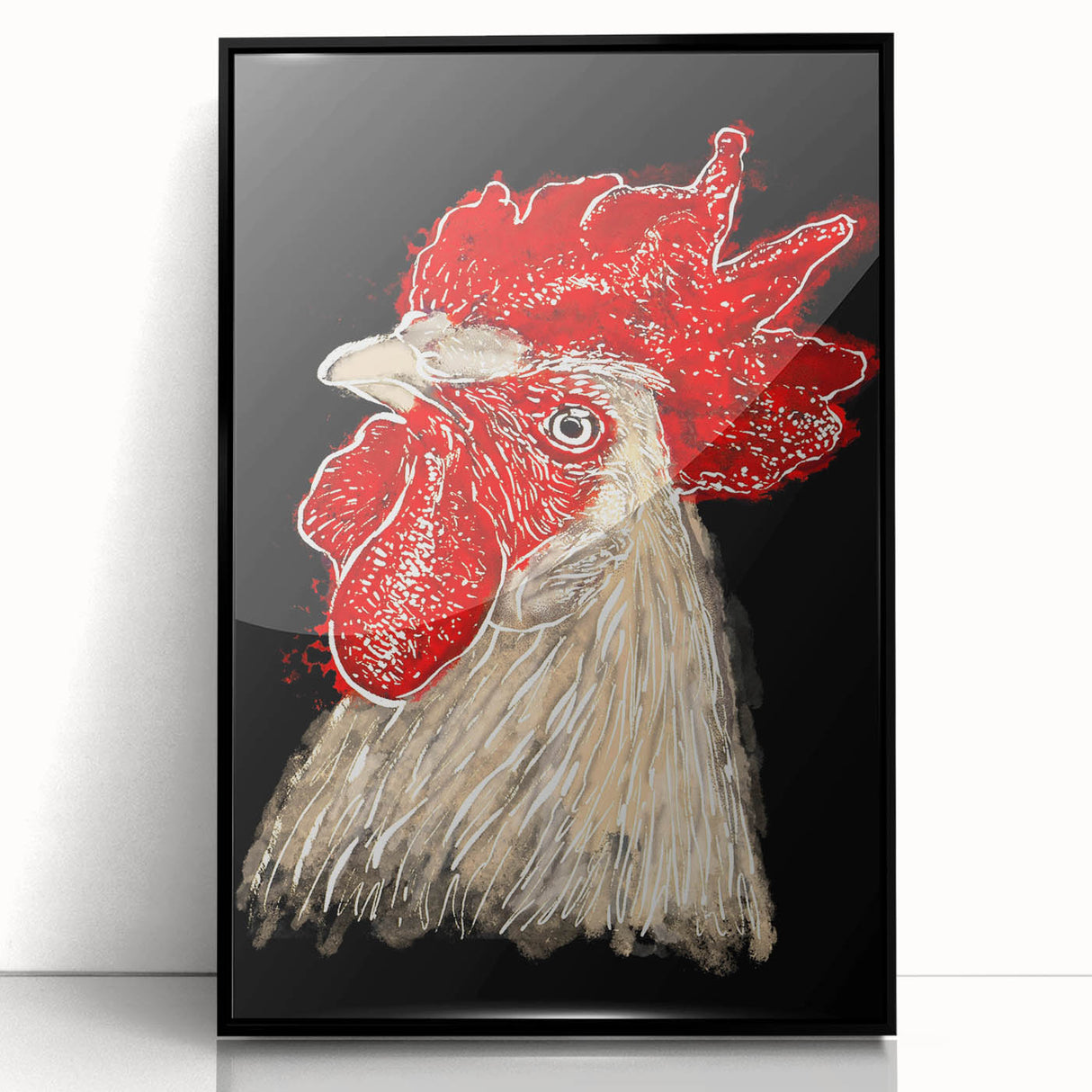 Framed wall art featuring a colorful chicken design, set against a black background, ideal for adding a modern touch to home decor. Perfect for animal lovers.