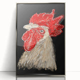 Framed wall art featuring a detailed chicken design in a silver acrylic frame, showcasing vibrant colors and intricate patterns, perfect for adding a unique touch to home decor.