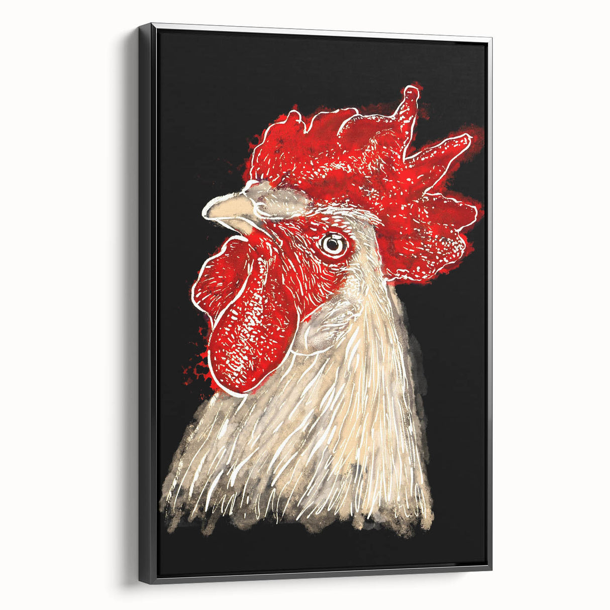 Framed canvas wall art featuring a unique chicken design, showcasing intricate details and vibrant colors, displayed against a sleek black background. Perfect for adding a touch of whimsy to home decor.