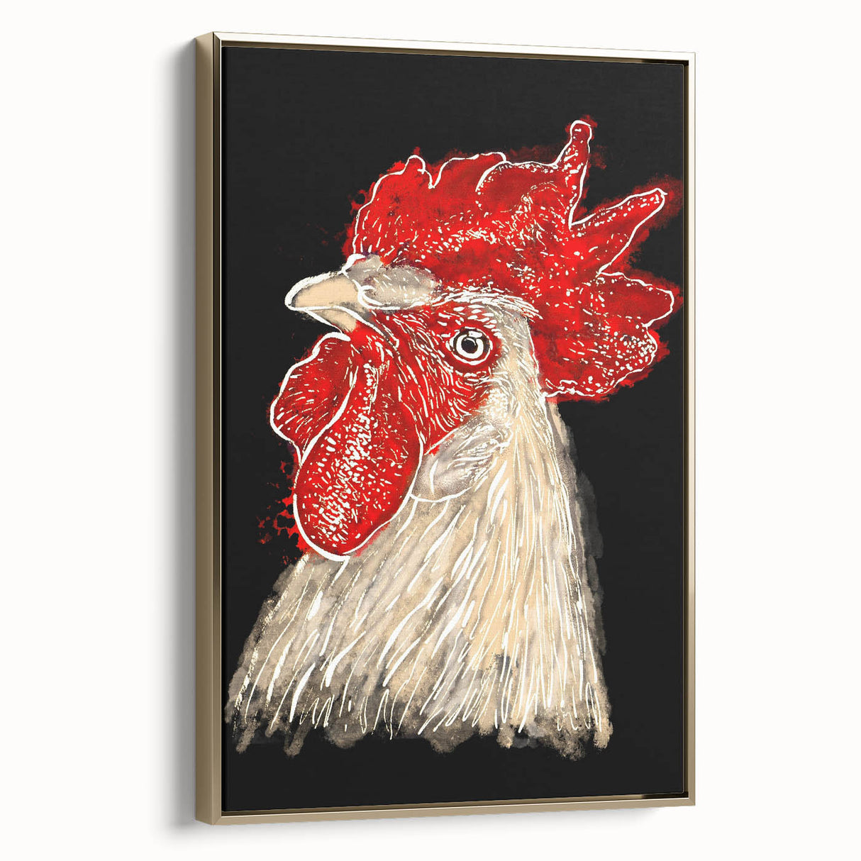 Framed wall art showcasing a vibrant chicken design in gold tones, ideal for adding a touch of elegance to home decor. Perfect for animal lovers and art enthusiasts.
