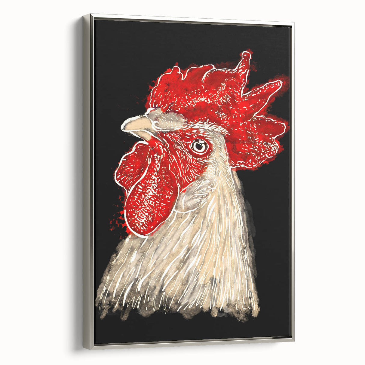 Framed wall art featuring a decorative chicken design in a silver frame, showcasing vibrant colors and intricate details, perfect for enhancing modern home decor.