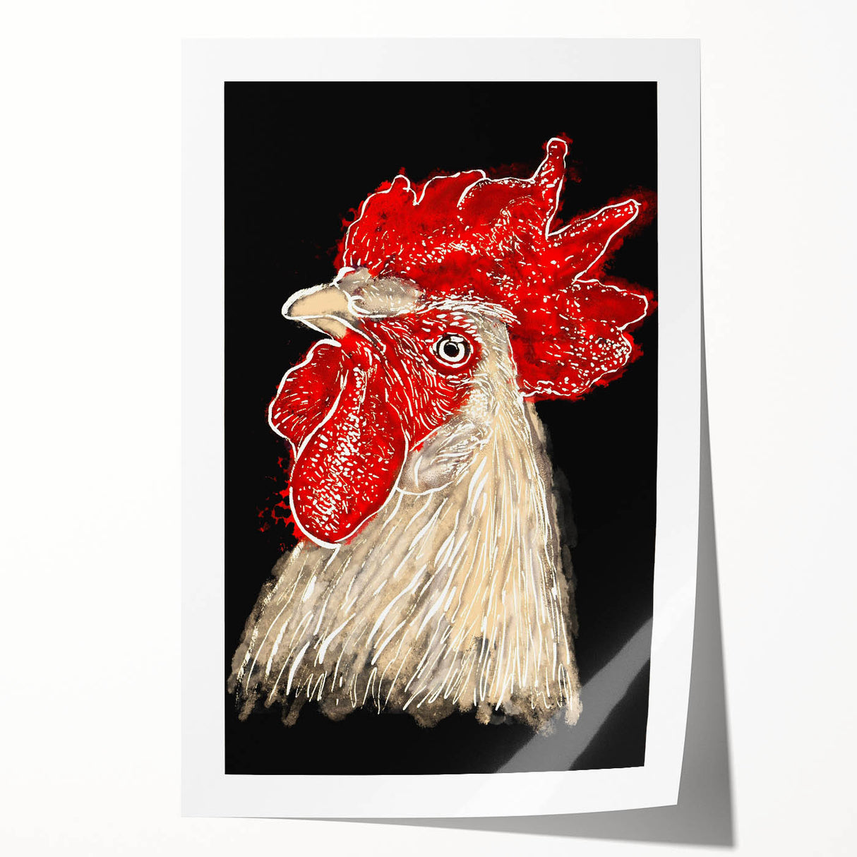 Colorful wall art print featuring a whimsical chicken design with vibrant hues, ideal for adding a playful touch to home decor. The rolled print is packaged securely for easy shipping and display.