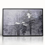 Framed wall art showcasing a minimalist crane design in black acrylic, elegantly displayed from a front view, perfect for modern home decor and art enthusiasts.