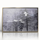 Framed wall art featuring an elegant crane design in gold accents, displayed against a sleek acrylic backdrop, ideal for modern home decor. Perfect for nature lovers.