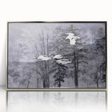Framed wall art featuring a silver-accented crane design, beautifully displayed with an acrylic front for a modern touch, perfect for elegant home decor.