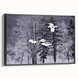 Framed wall art featuring a stunning crane design on canvas, showcasing intricate details and vibrant colors, displayed at a slight angle against a black background. Perfect for modern decor.