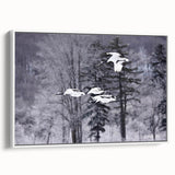 Framed wall art featuring a graceful crane design in a minimalist style, showcasing a white background with elegant black accents, perfect for modern decor.