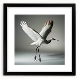 Framed wall art featuring an elegant crane design, set in a sleek black frame with matting, ideal for modern home decor and nature enthusiasts.