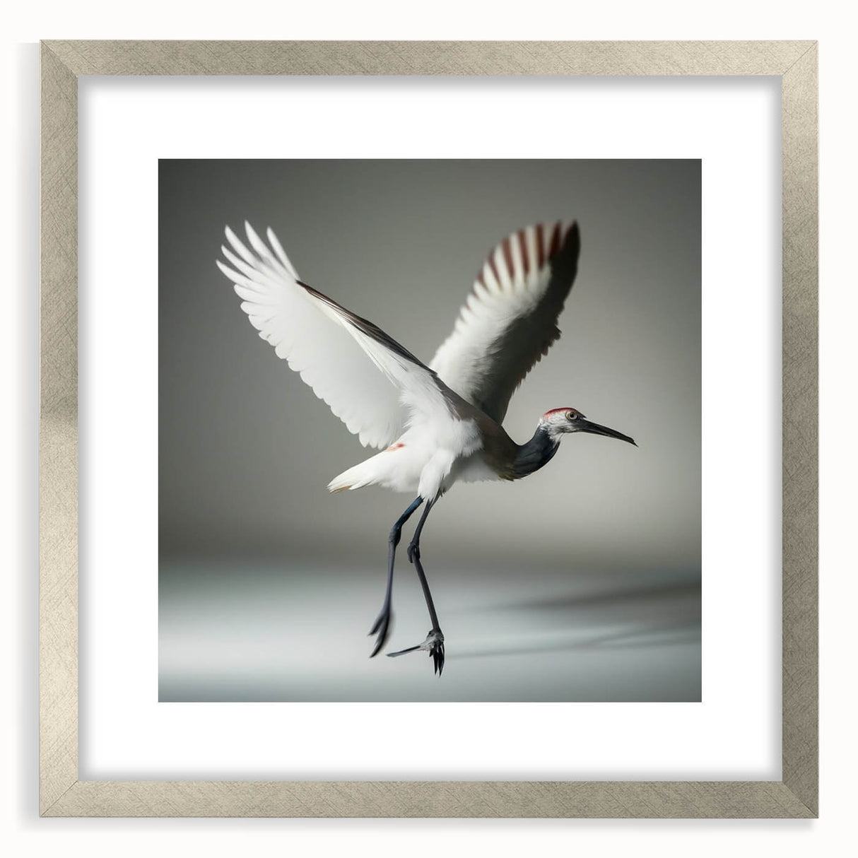 Elegant silver-framed wall art featuring a crane design, beautifully matted for a sophisticated look. Ideal for modern home decor, enhancing living spaces with nature-inspired elegance.