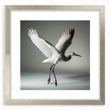 Elegant silver-framed wall art featuring a crane design, beautifully matted for a sophisticated look. Ideal for modern home decor, enhancing living spaces with nature-inspired elegance.