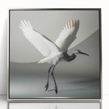 Framed wall art featuring a silver-accented crane design in an elegant acrylic finish, ideal for modern home decor and nature-inspired aesthetics.