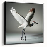Framed wall art featuring a striking crane design on canvas, set against a black background, showcasing intricate details and vibrant colors, perfect for modern decor.