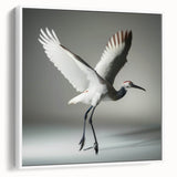 Framed canvas wall art featuring a graceful white crane design against a minimalist background, ideal for modern home decor. The elegant artwork adds a serene touch to any room.