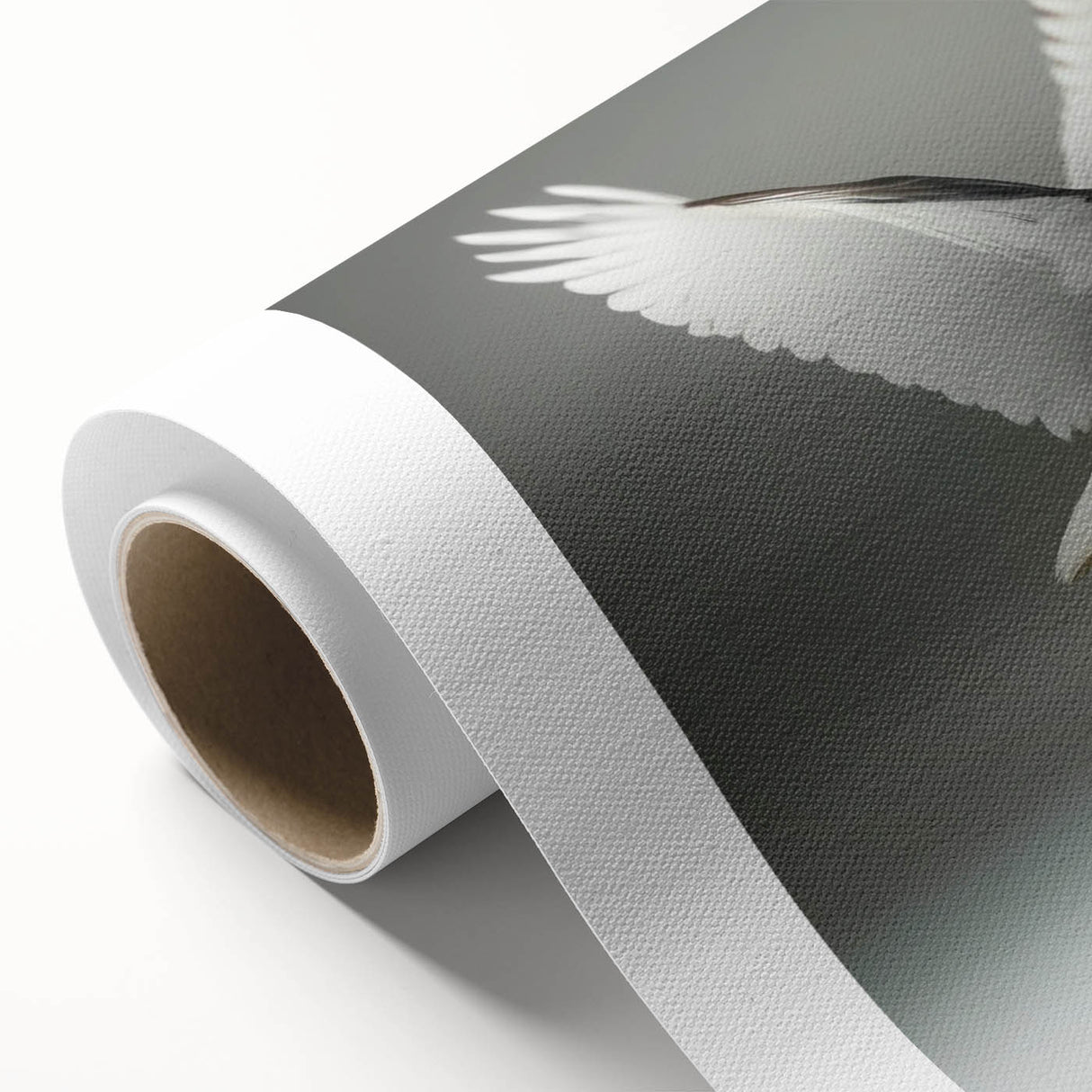 Crane design wall art on rolled canvas, showcasing elegant birds in soft hues of blue and beige, perfect for home decor or artistic display.