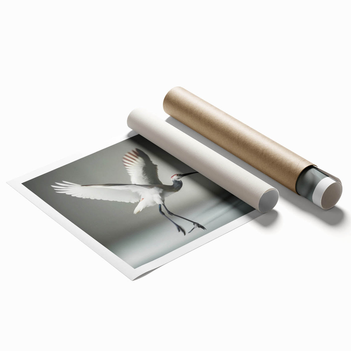 Elegant rolled wall art print featuring a graceful crane design in soft pastel colors, perfect for enhancing modern home decor. Ideal for nature lovers and art enthusiasts, showcasing intricate details and artistic flair.