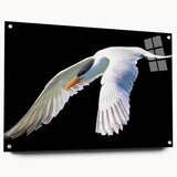 Elegant wall art featuring a crane design printed on acrylic glass, showcasing vibrant colors and intricate details. The piece is displayed in a side view, highlighting its modern aesthetic and the inclusion of pins for easy installation. Perfect for adding a touch of sophistication to any interior space.