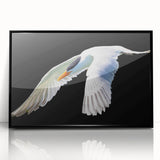 Framed wall art featuring a stunning crane design in vibrant colors, set in a sleek black frame, perfect for home decor and enhancing aesthetic appeal.