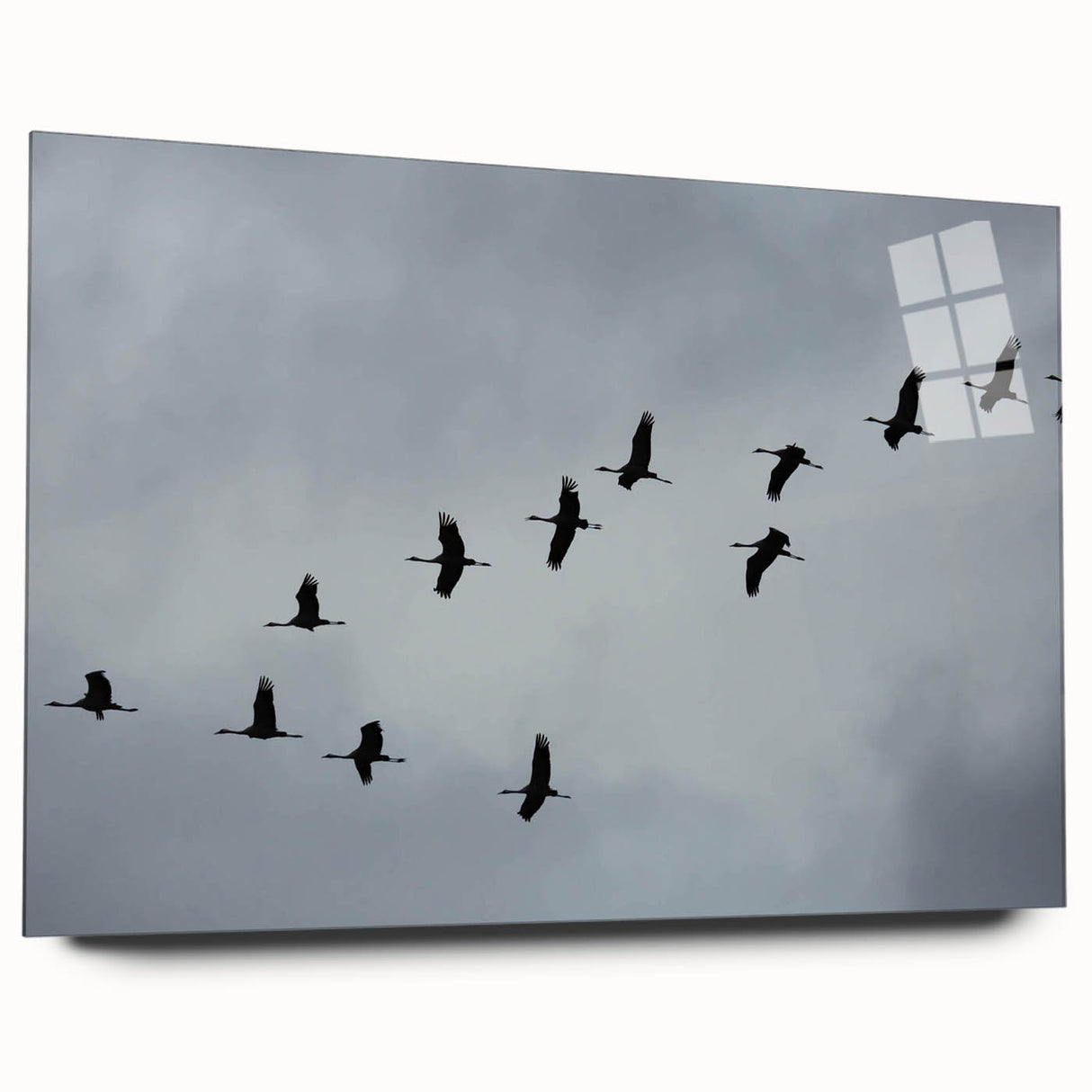 Elegant side view of a crane design wall art piece made from acrylic glass, showcasing intricate details and vibrant colors, perfect for modern decor.