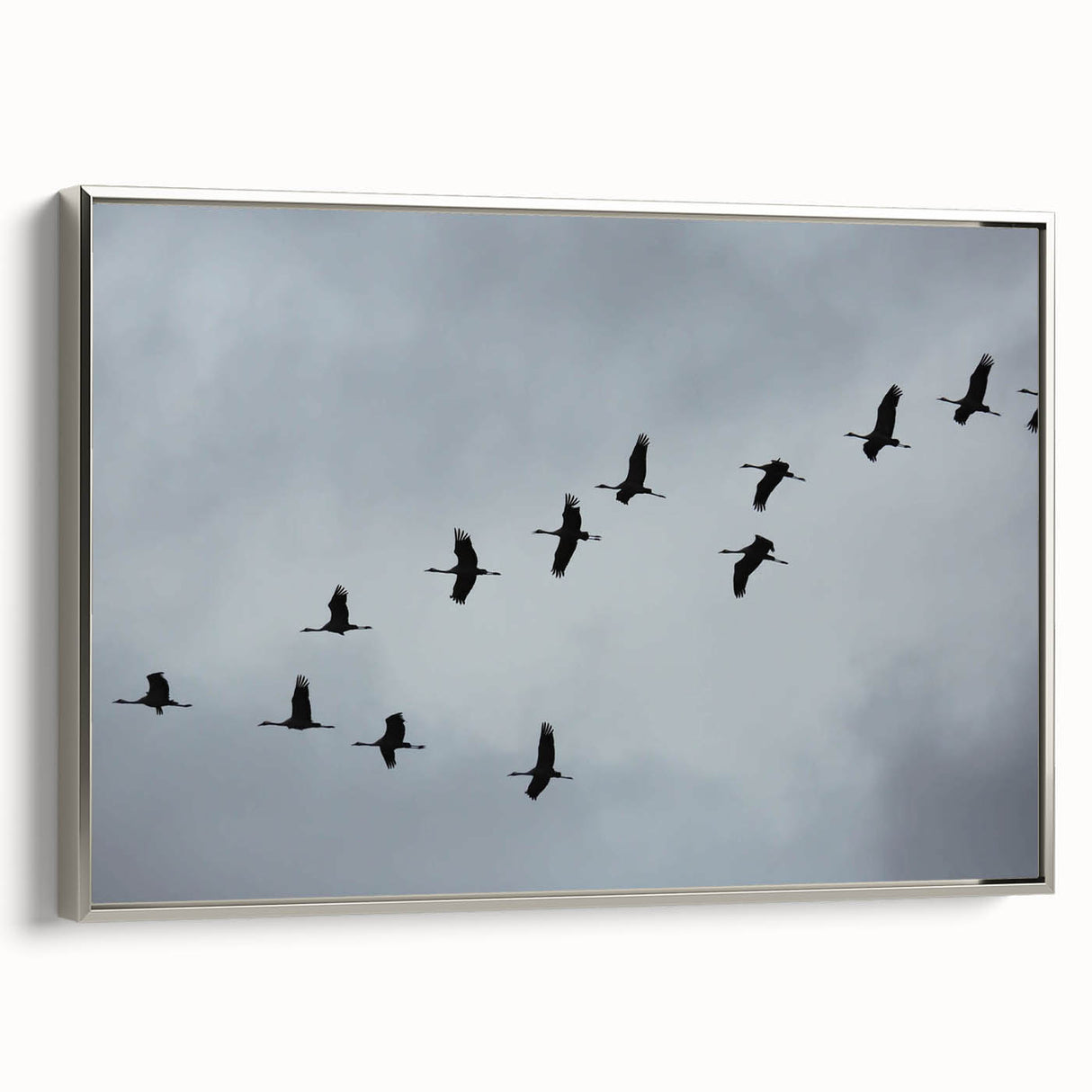 Framed canvas wall art featuring a striking crane design in silver tones, showcasing elegant detailing and a contemporary aesthetic, ideal for modern home decor.