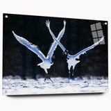 Elegant wall art showcasing a detailed crane design, crafted from acrylic and glass, presented from a side view with visible mounting pins for an artistic display.